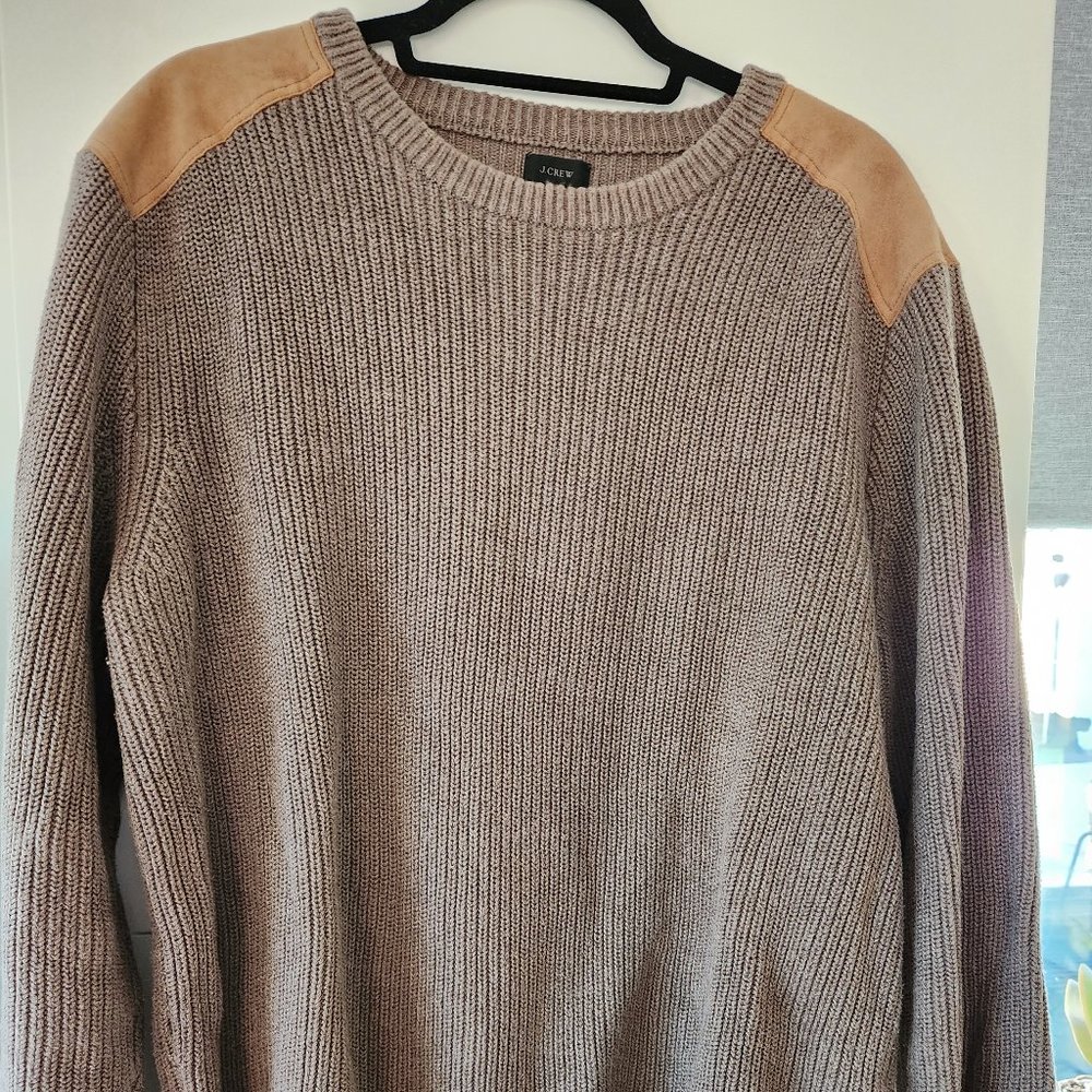J.Crew Woodsman Knit Sweater Leather Shoulder Patches Cotton Gray Sz XL EUC